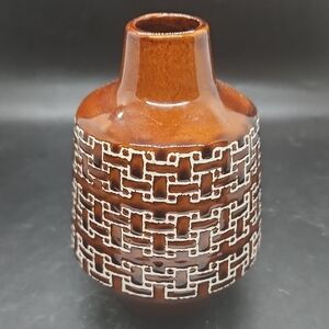 Brown Ceramic Vase with Geometric Pattern